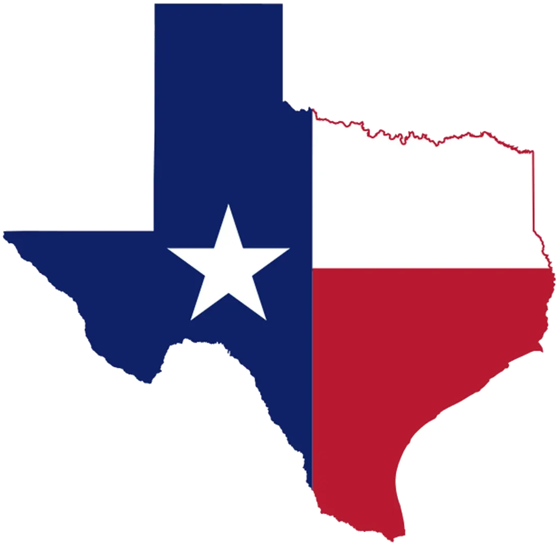 Texas state outline in the Texas flag's colors